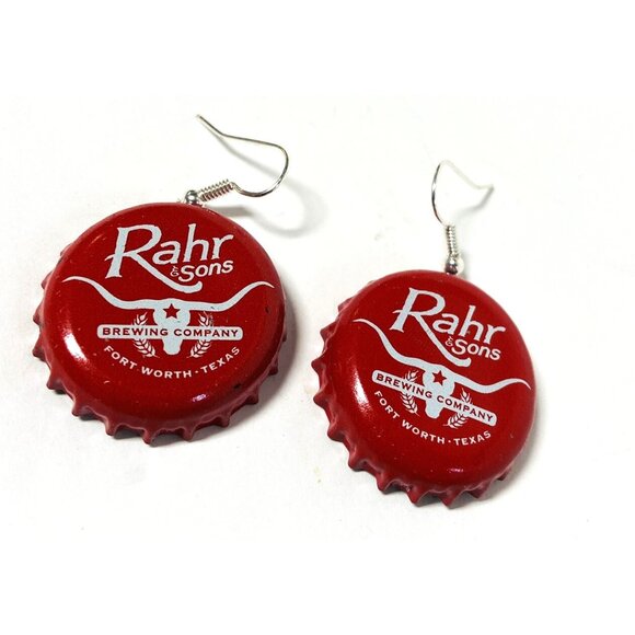 Rahr & Sons Red Beer Bottle Cap Earrings Dangle Fishhook Upcycled NEW! - Picture 1 of 1